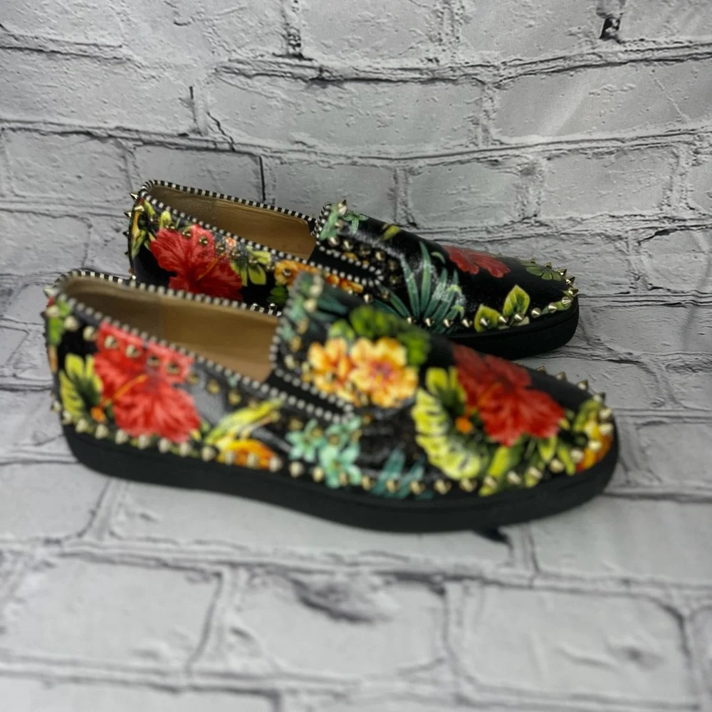 Christian Louboutin Men’s Hawaii Pik Boat Black Spiked Floral Slip-ons Size